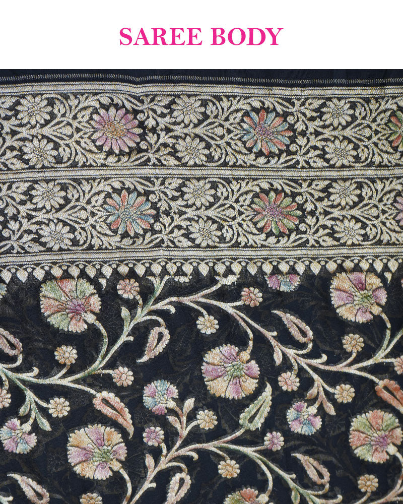 Black Banarasi Georgette Saree with Multicolor Zari Weave and Unstitched Blouse