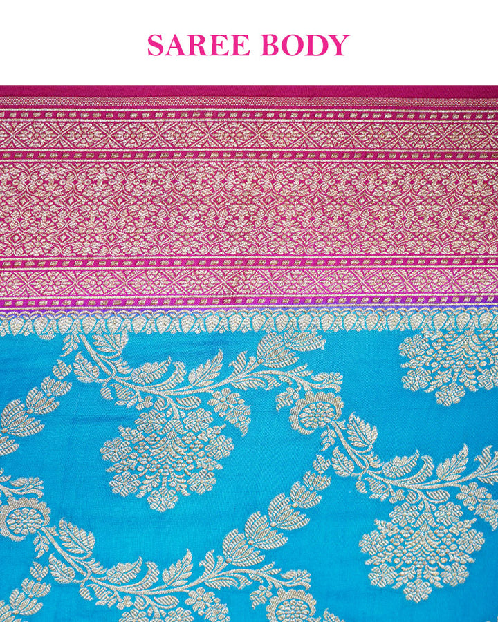 Royal Blue and Peach Pink Banarasi Silk Saree with Unstitched Blouse