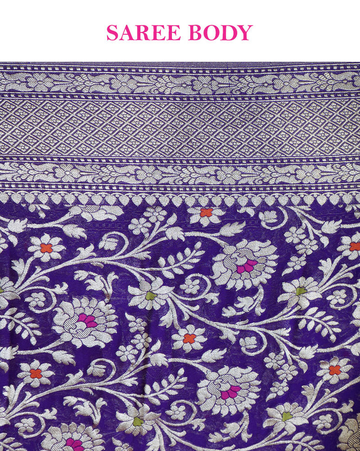 Purple Banarasi Saree with Silver Zari Weaving & Unstitched Blouse