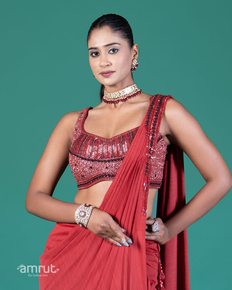Red Draped Saree with Embellished Blouse