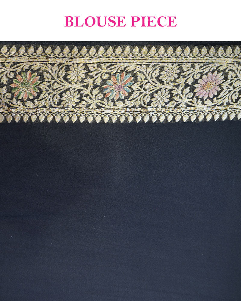 Black Banarasi Georgette Saree with Multicolor Zari Weave and Unstitched Blouse