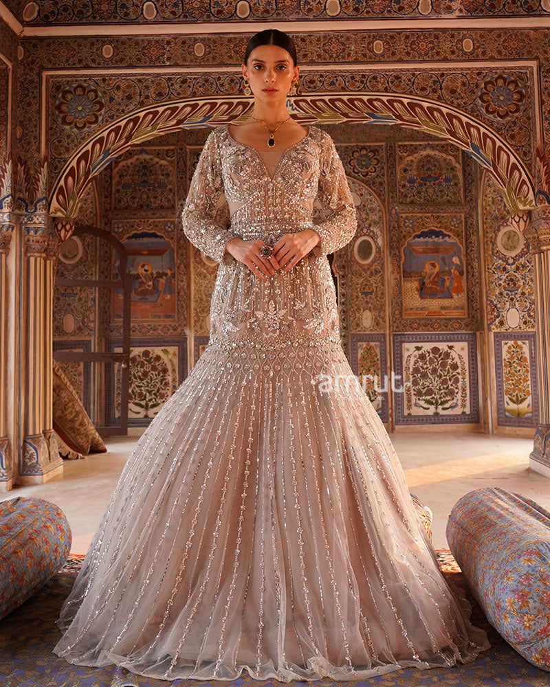 Light Beige Sequin-Embellished Mermaid Gown 32 Light Beige Sequin-Embellished Mermaid Gown 32