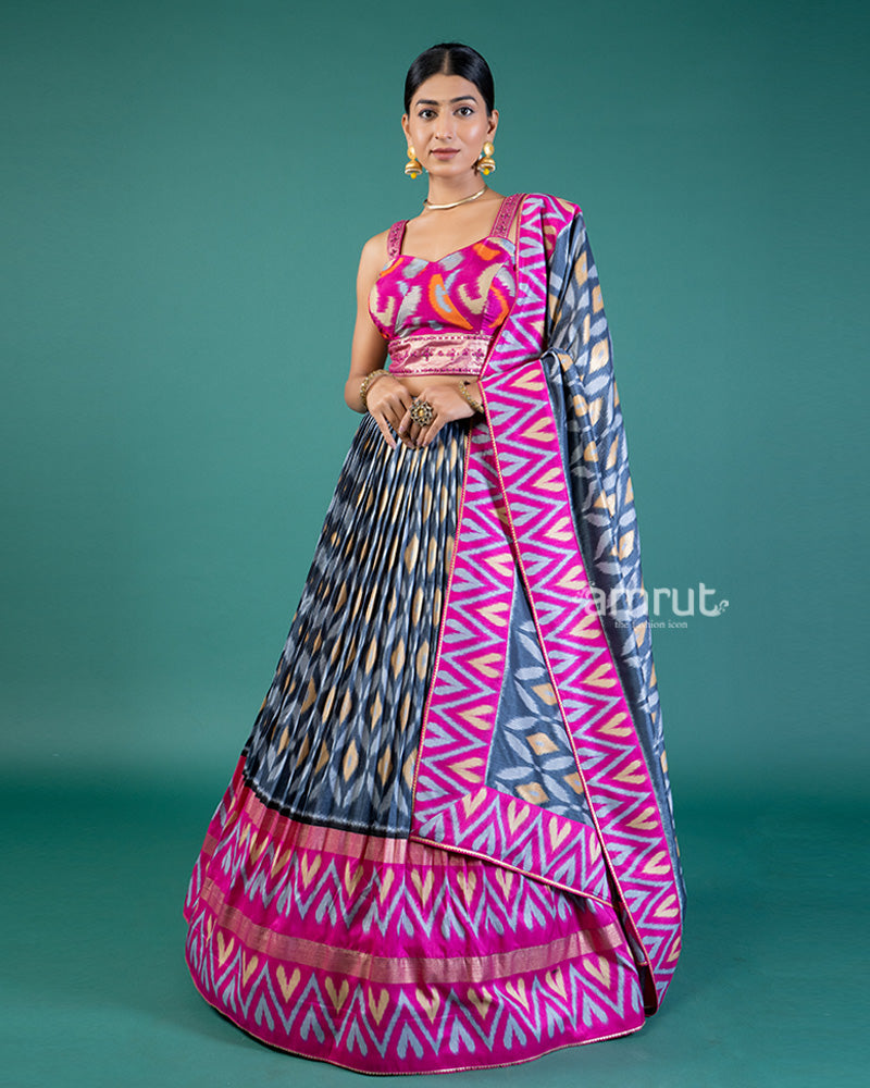 Vibrant Pink & Purple and Grey Ikat Lehenga Choli and Dupatta