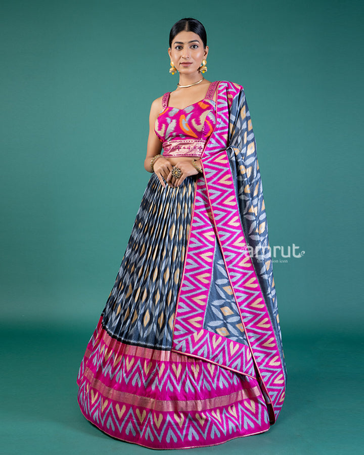Vibrant Pink & Purple and Grey Ikat Lehenga Choli and Dupatta