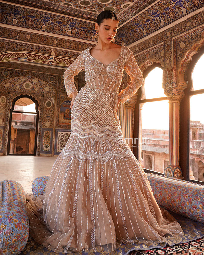 Beige Champagne Sequin-Embellished Mermaid Gown