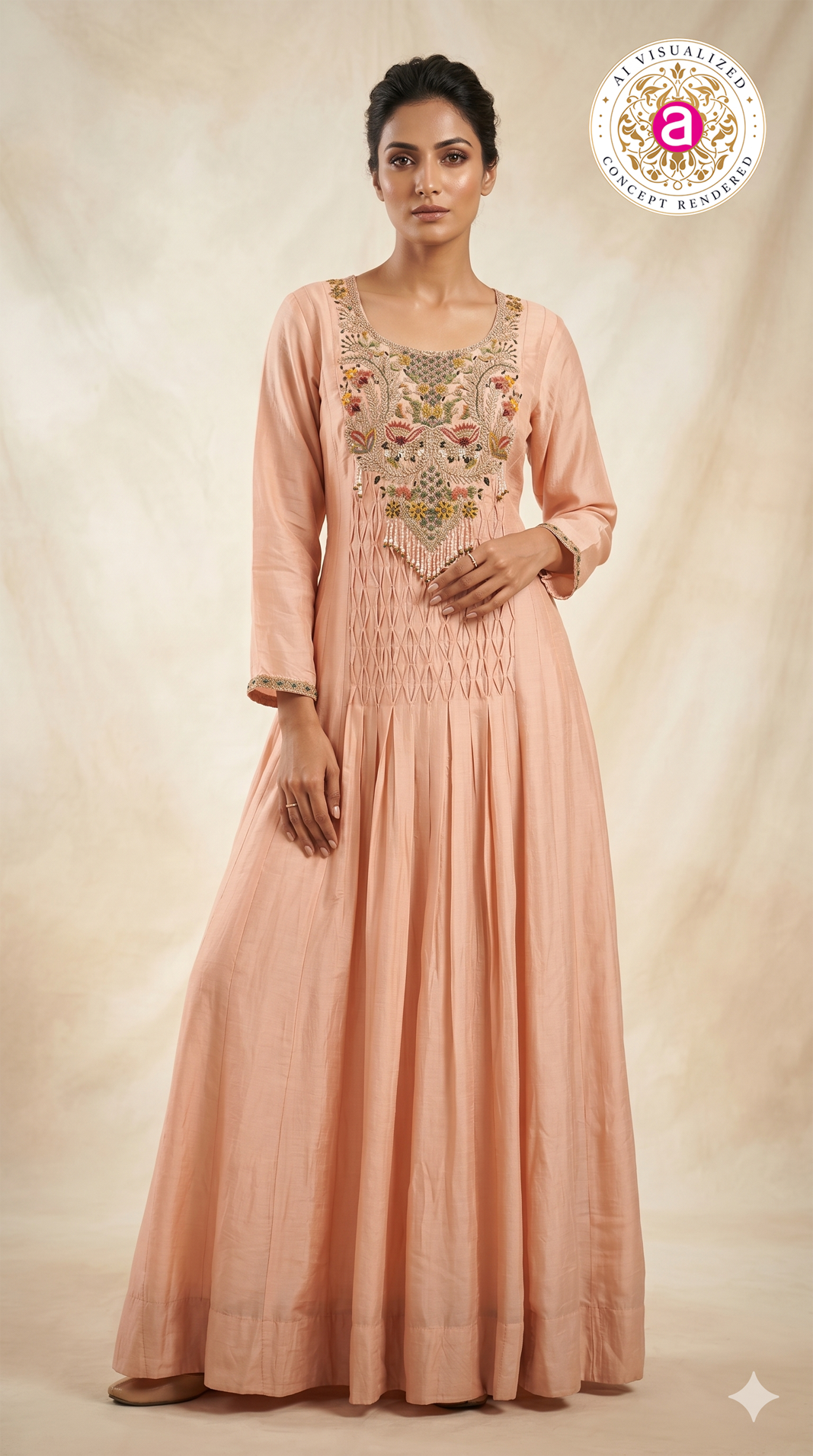 Peach Floral Embroidered Anarkali Gown – AMRUT