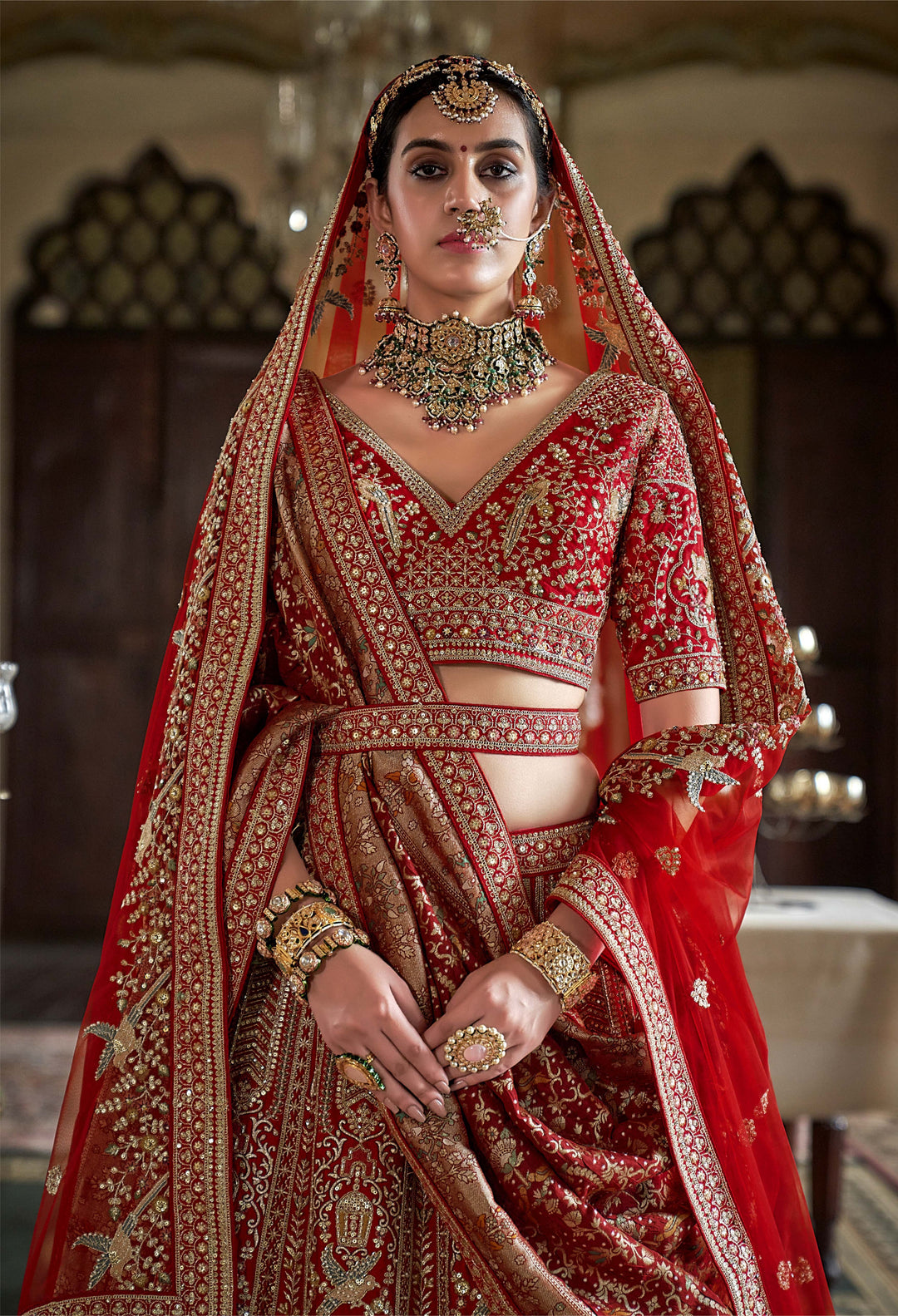 Regal Scarlet Red Handcrafted Bridal Lehenga with Zardozi & Elephant Motif Embroidery