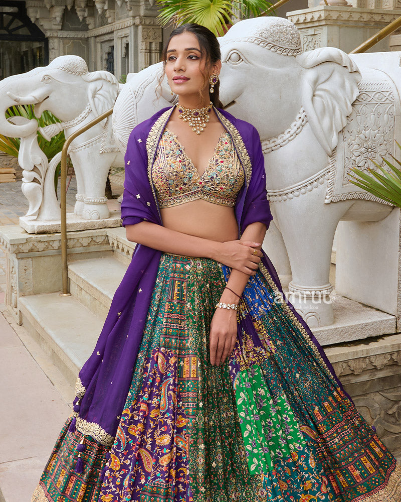 Vibrant Multi-Color Digital Print Lehenga Choli with Violet Dupatta