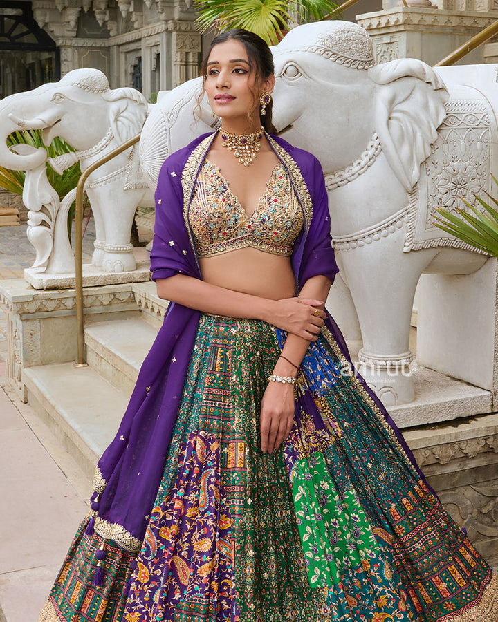 Vibrant Multi-Color Digital Print Lehenga Choli with Violet Dupatta