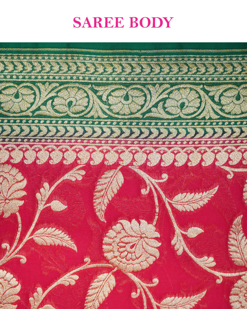 Red Banarasi Georgette Saree with Green Zari Border and Unstitched Blouse