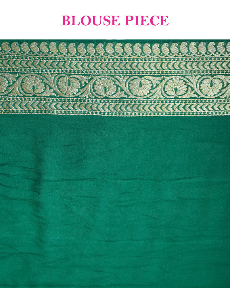 Red Banarasi Georgette Saree with Green Zari Border and Unstitched Blouse