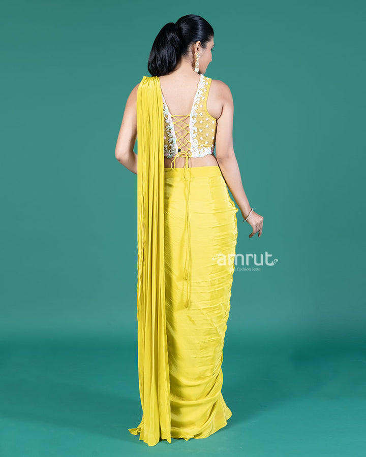 Lime Yellow Ready-to-Wear Saree with Embroidered Crop Blouse