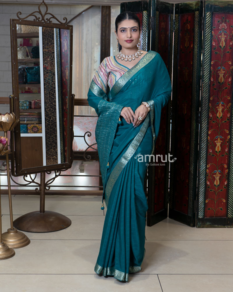 Teal Blue Zari Embroidered Border Saree with Stitched Blouse