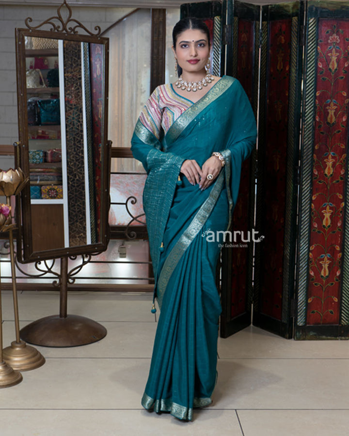 Teal Blue Zari Embroidered Border Saree with Stitched Blouse