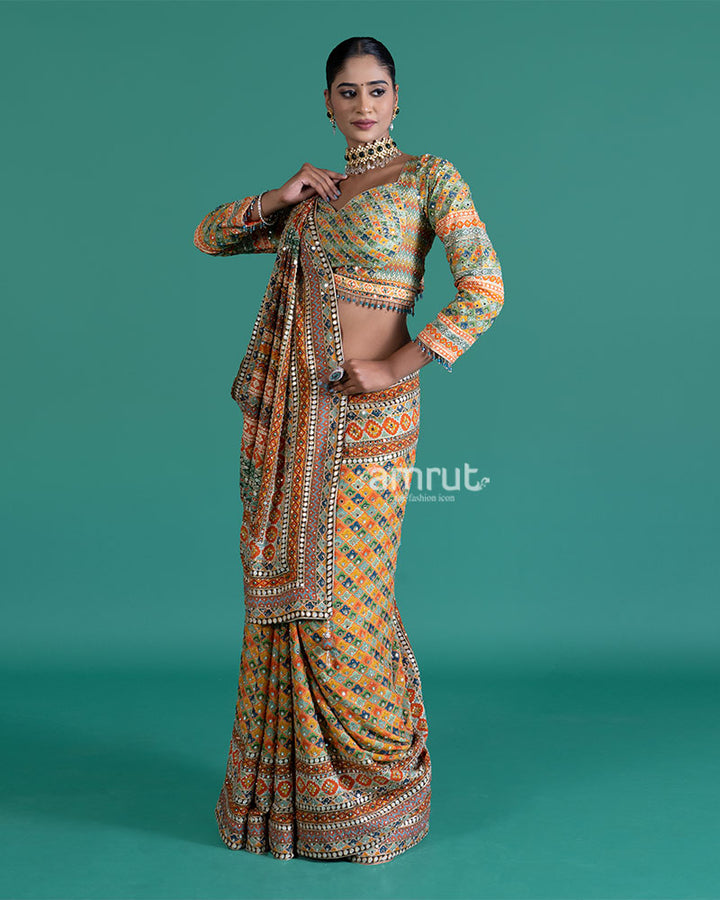 Yellow with Multicolored Mirror Embroidered Saree with Stitched Blouse