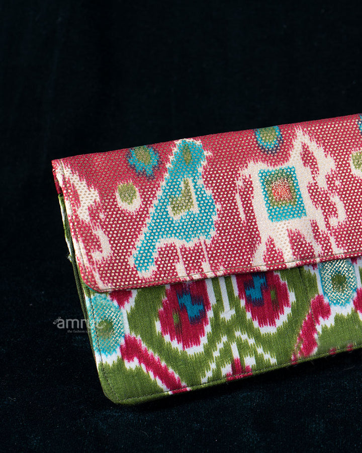 Pink and Olive Green Ikat Wallet with Geometric Prints