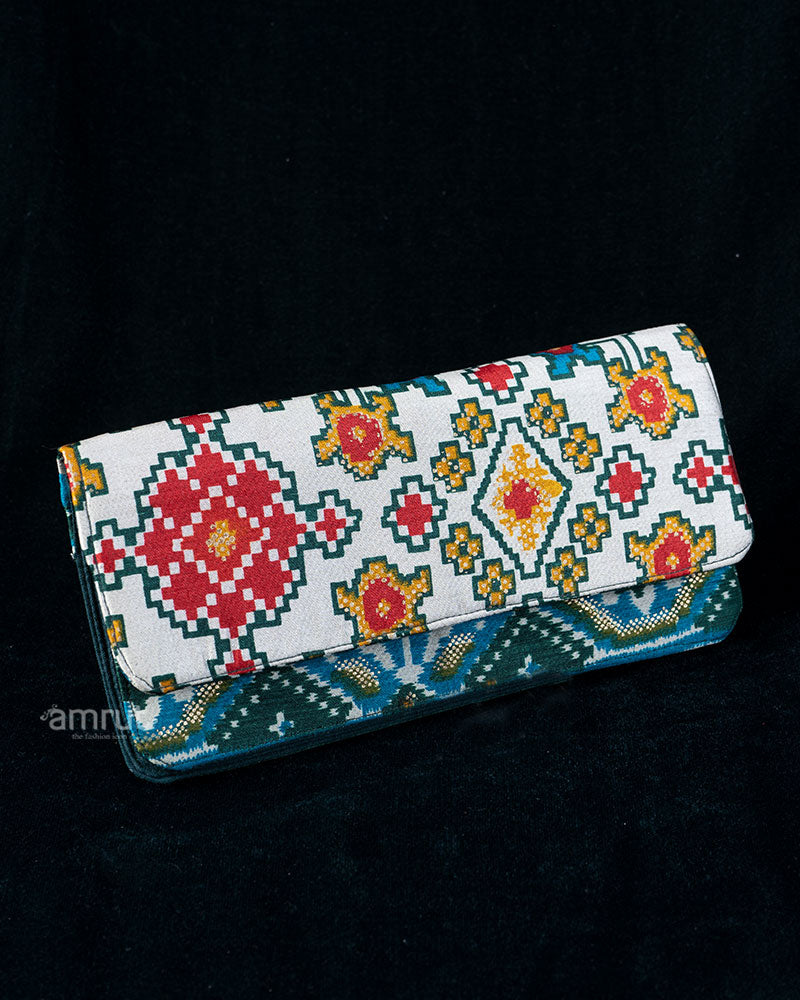 Cream and Teal Geometric Floral Print Clutch