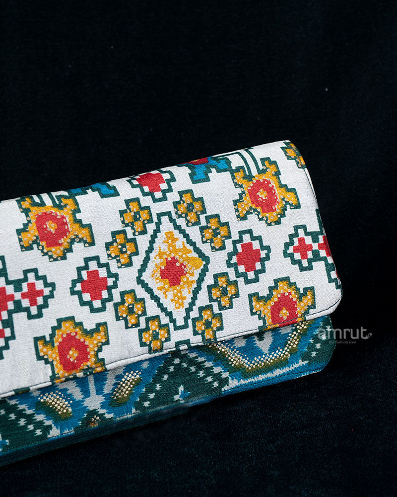 Cream and Teal Geometric Floral Print Clutch