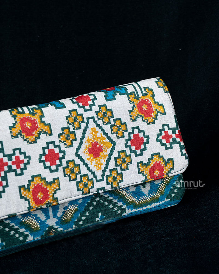 Cream and Teal Geometric Floral Print Clutch