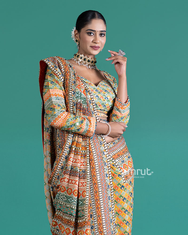 Yellow with Multicolored Mirror Embroidered Saree with Stitched Blouse