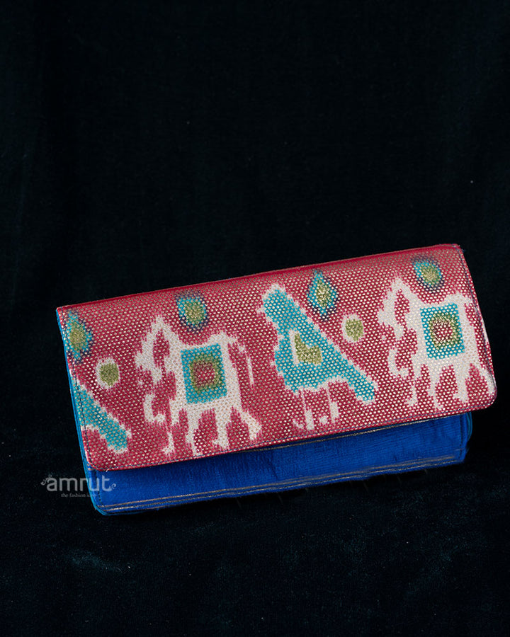 Pink Animal Motif Printed Clutch with Deep Blue Contrast Base