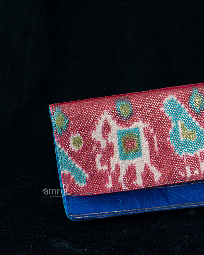 Pink Animal Motif Printed Clutch with Deep Blue Contrast Base