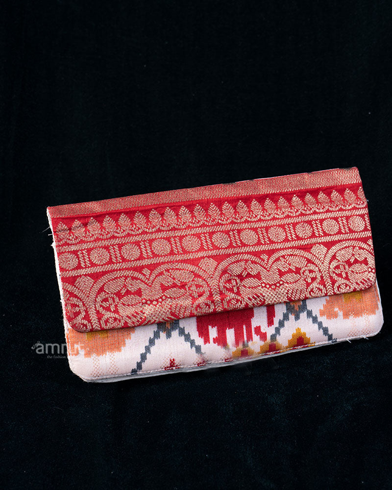 Deep Red Embroidered Clutch with Cream Printed Patterned Base