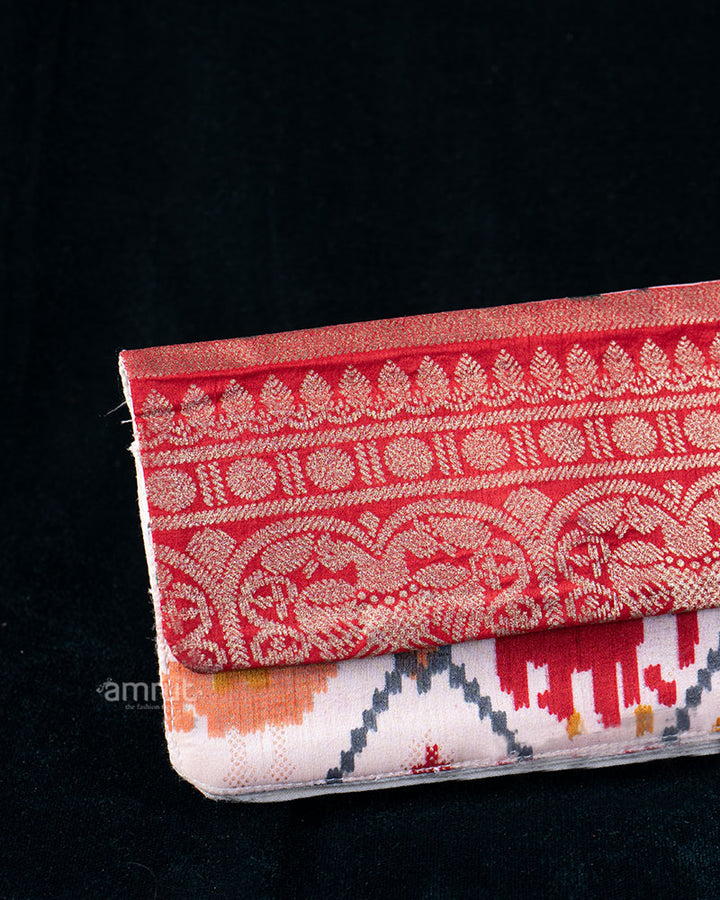 Deep Red Embroidered Clutch with Cream Printed Patterned Base