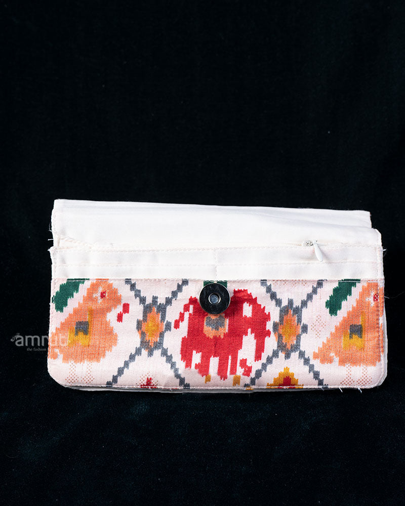 Deep Red Embroidered Clutch with Cream Printed Patterned Base