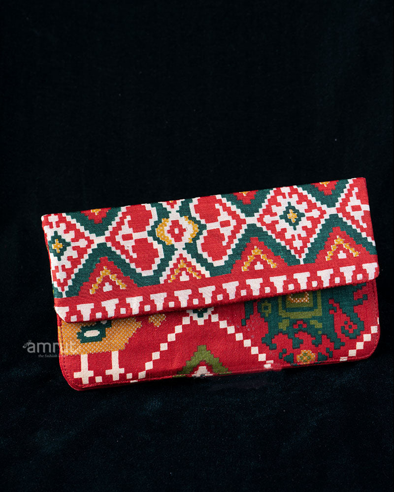 Deep Red Clutch with Cream Printed Patterned