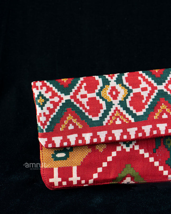 Deep Red Clutch with Cream Printed Patterned