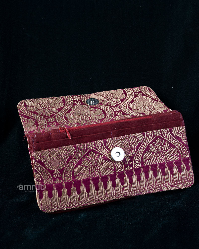 Purple Clutch with Golden Floral Feather Embroidery