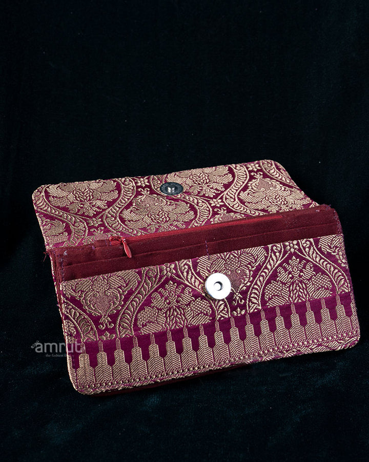 Purple Clutch with Golden Floral Feather Embroidery