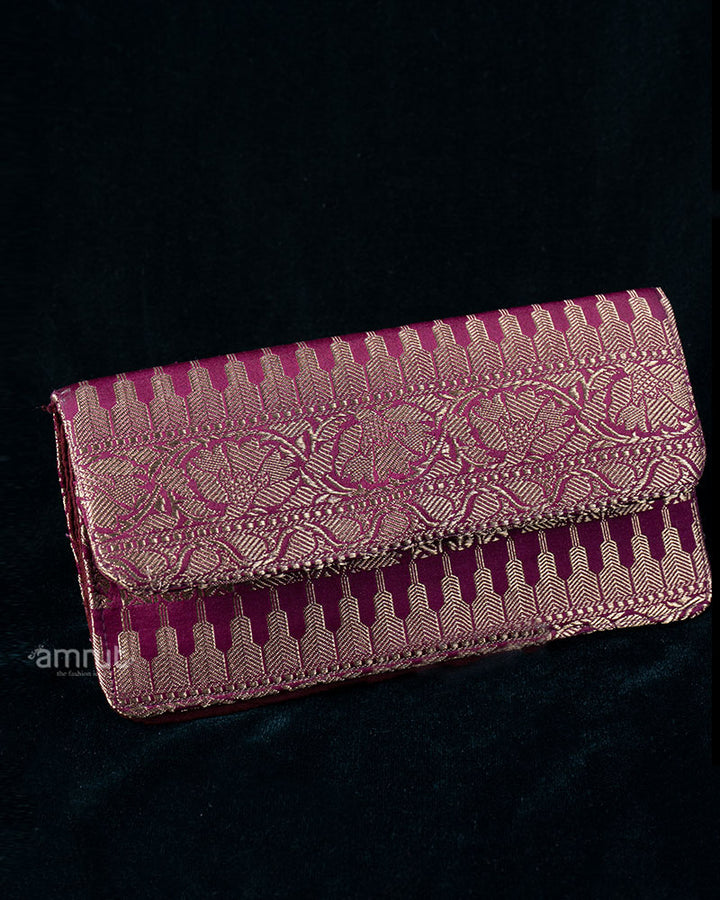 Purple Clutch with Golden Floral Feather Embroidery