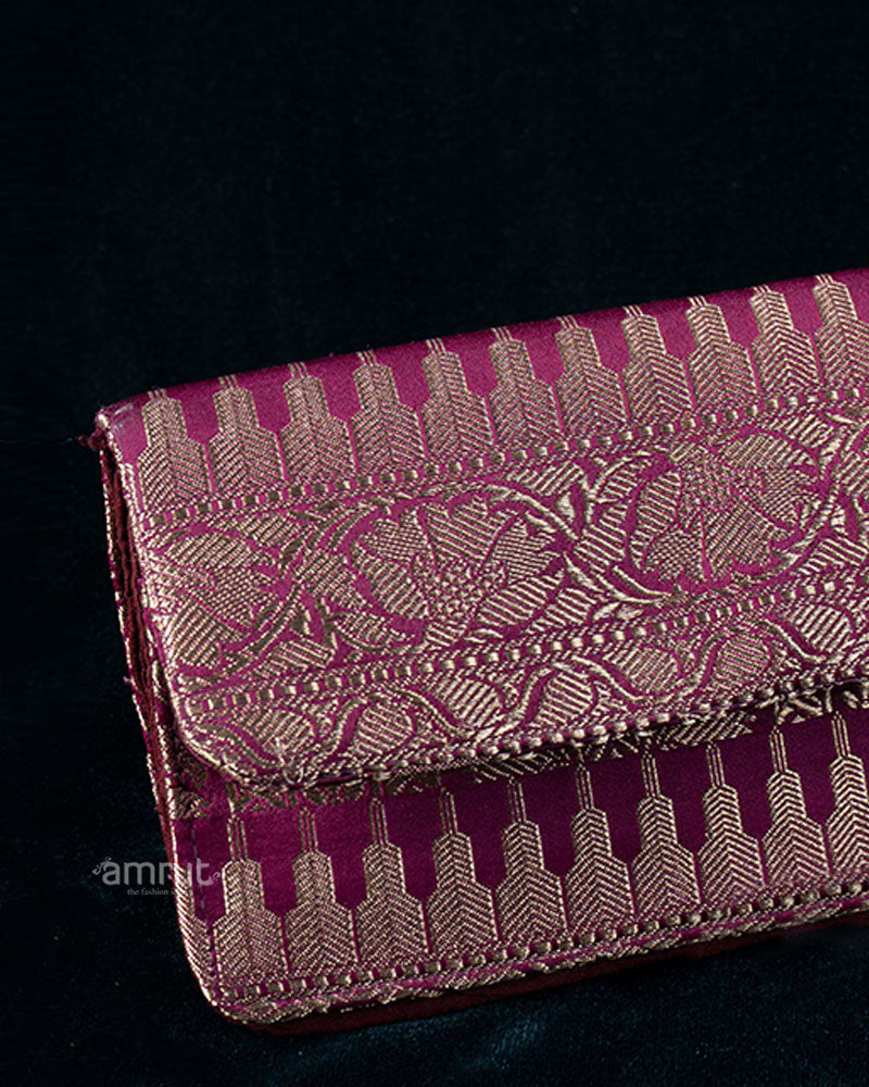 Purple Clutch with Golden Floral Feather Embroidery