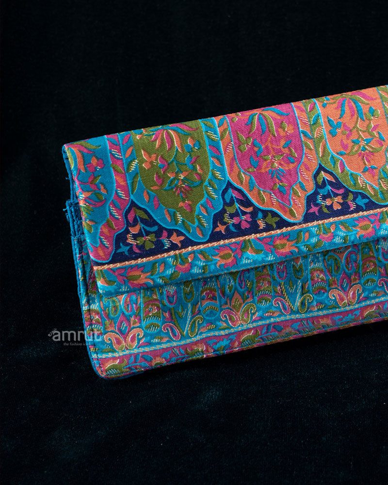 Teal Brocade Clutch with Vibrant Floral and Paisley Motifs Print
