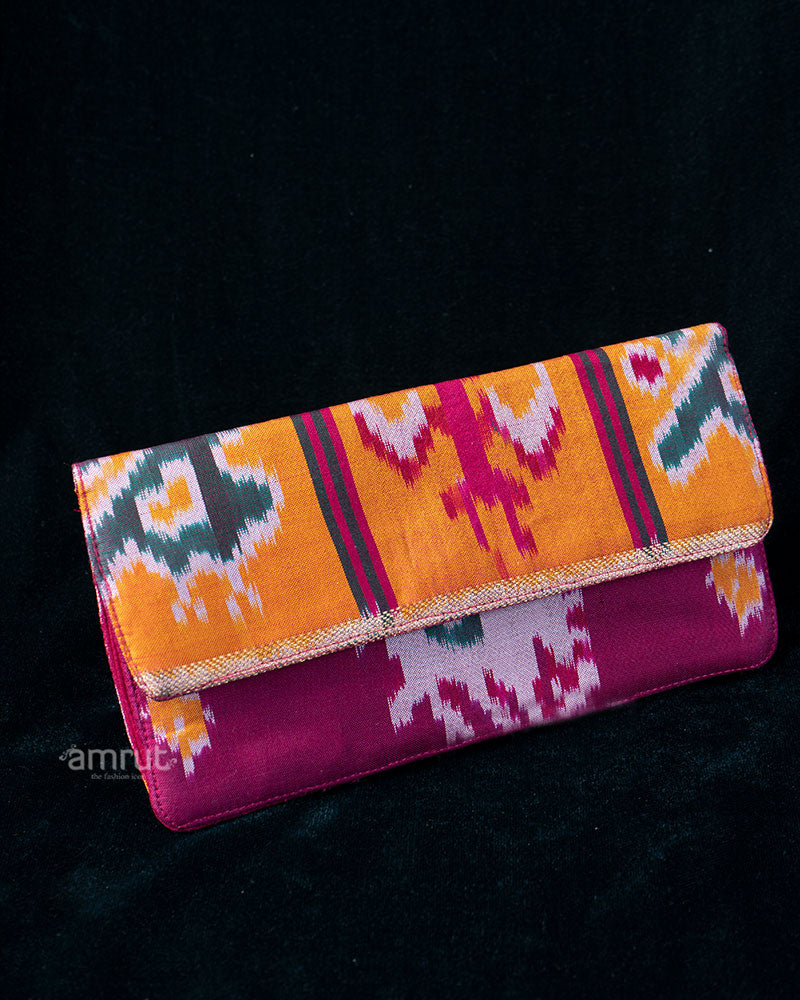Multicolor Ikat Clutch with Maroon Lining and Stitched Edge