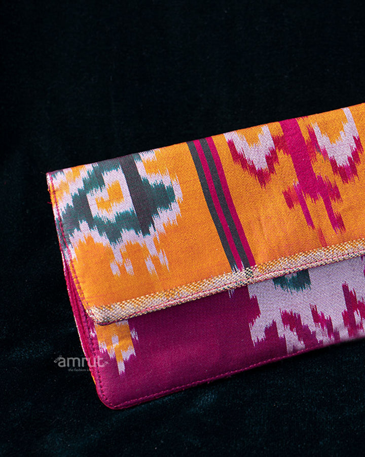 Multicolor Ikat Clutch with Maroon Lining and Stitched Edge