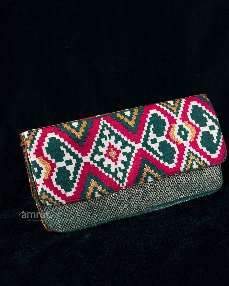 Geometric Embroidered Clutch with Gold Accents & Taupe Border