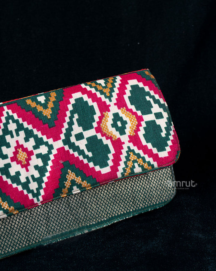 Geometric Embroidered Clutch with Gold Accents & Taupe Border