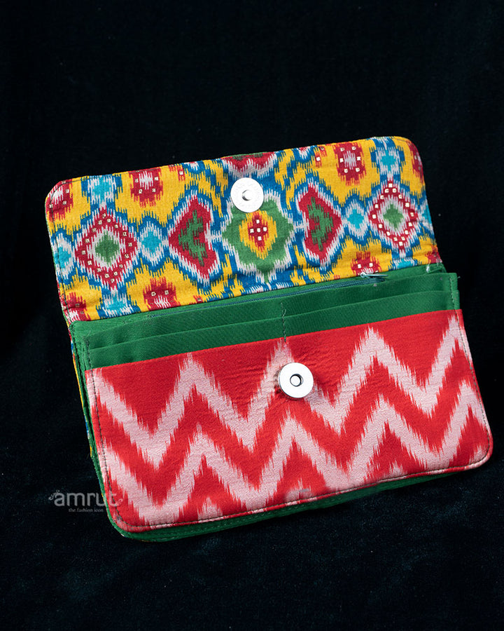 Layered Floral & Zig-Zag Patterned Clutch in Green and Coral Tones