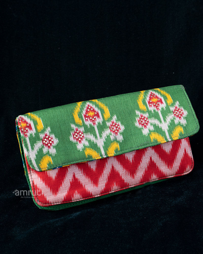 Layered Floral & Zig-Zag Patterned Clutch in Green and Coral Tones
