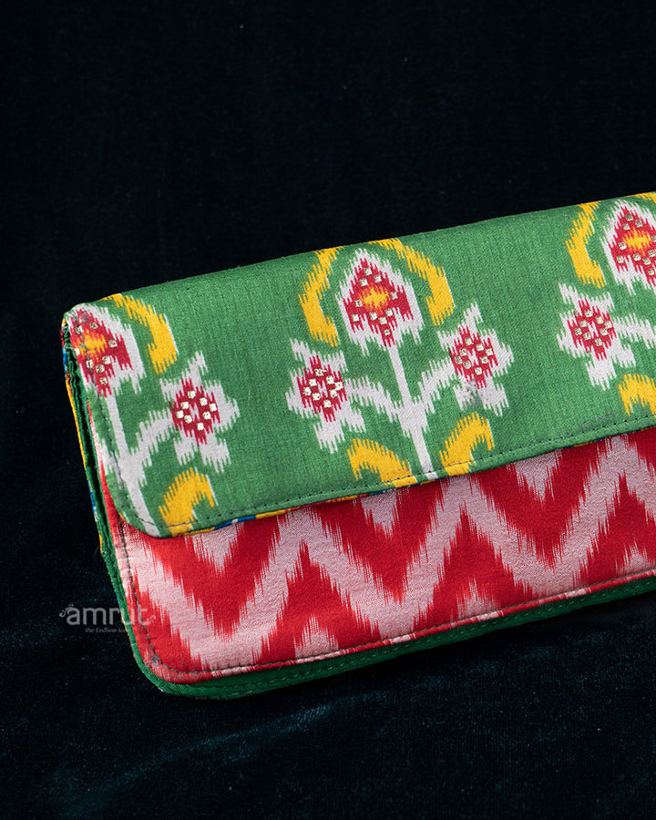 Layered Floral & Zig-Zag Patterned Clutch in Green and Coral Tones