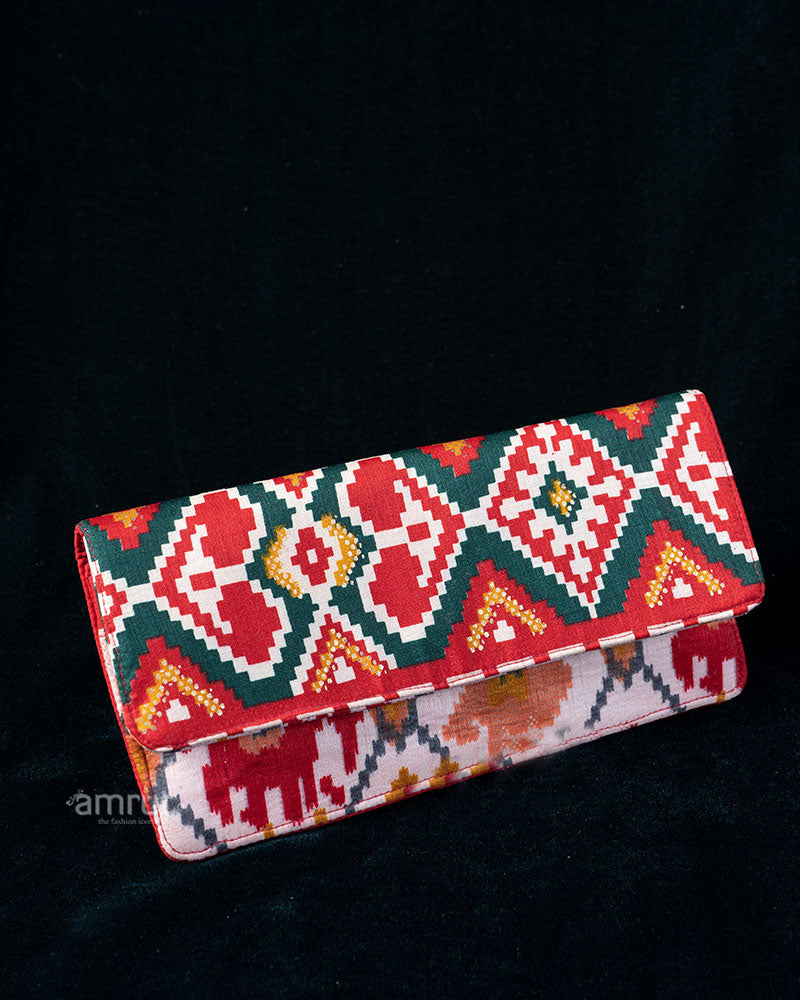 Red and Green Geometric Fold-Over Clutch with Floral Lining