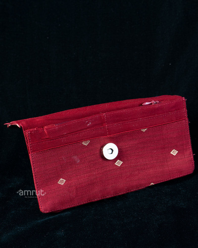Red-Pink Embroidered Clutch with Teal Motifs & Maroon Trim
