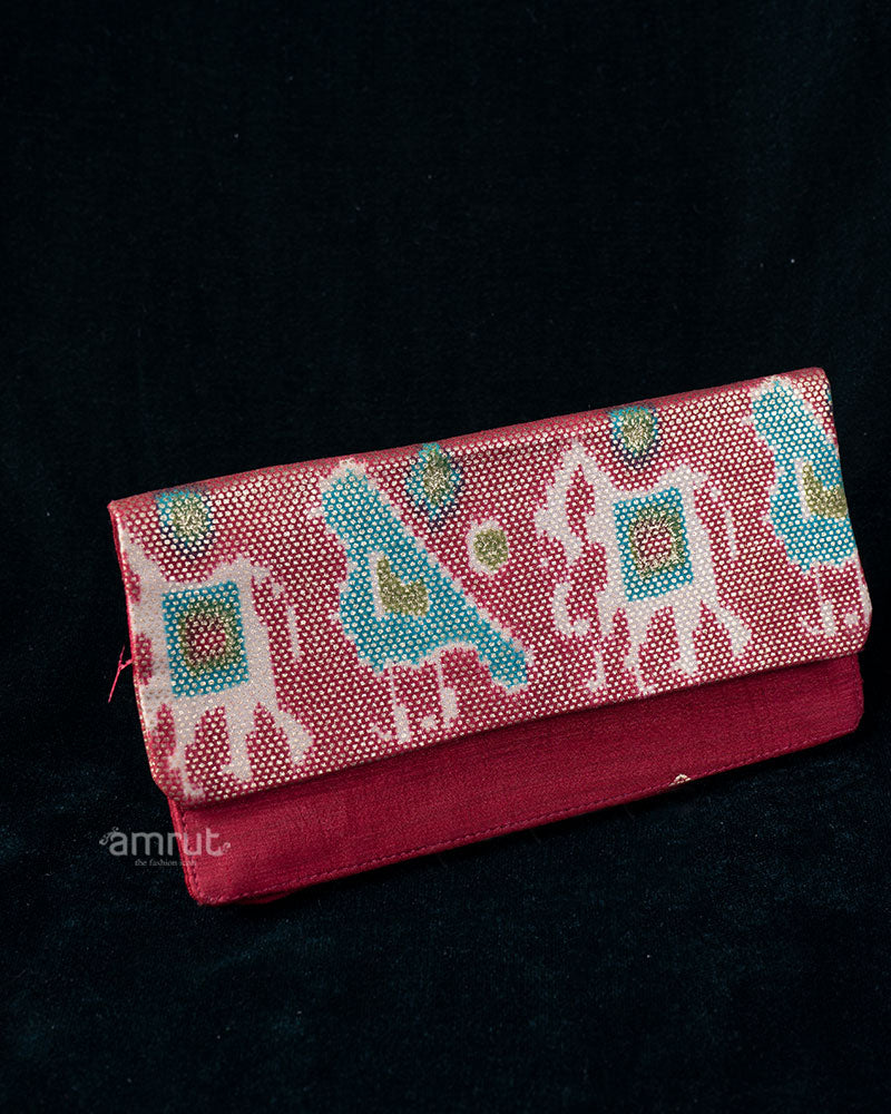 Red-Pink Embroidered Clutch with Teal Motifs & Maroon Trim