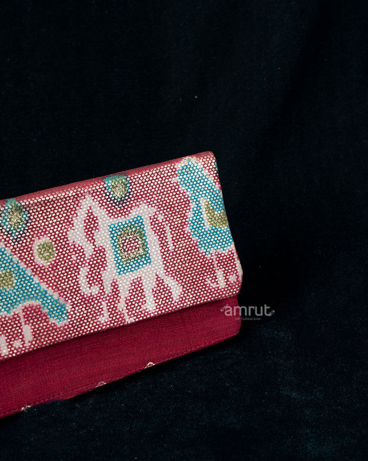 Red-Pink Embroidered Clutch with Teal Motifs & Maroon Trim