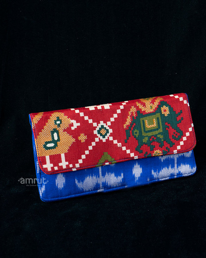 Indigo Handcrafted Elephant Motif Fabric Clutch with Ikat Print
