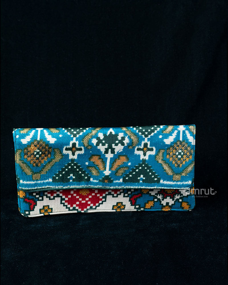 Teal Ikat Fusion Clutch with Contrasting Floral Printed
