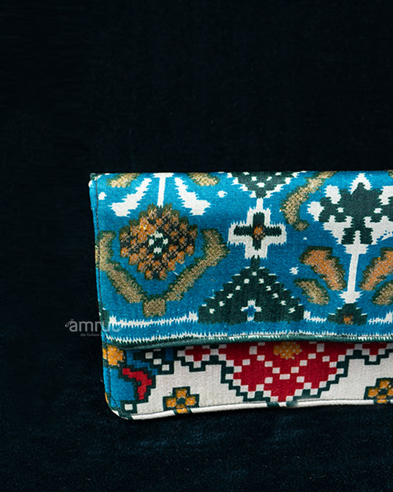 Teal Ikat Fusion Clutch with Contrasting Floral Printed